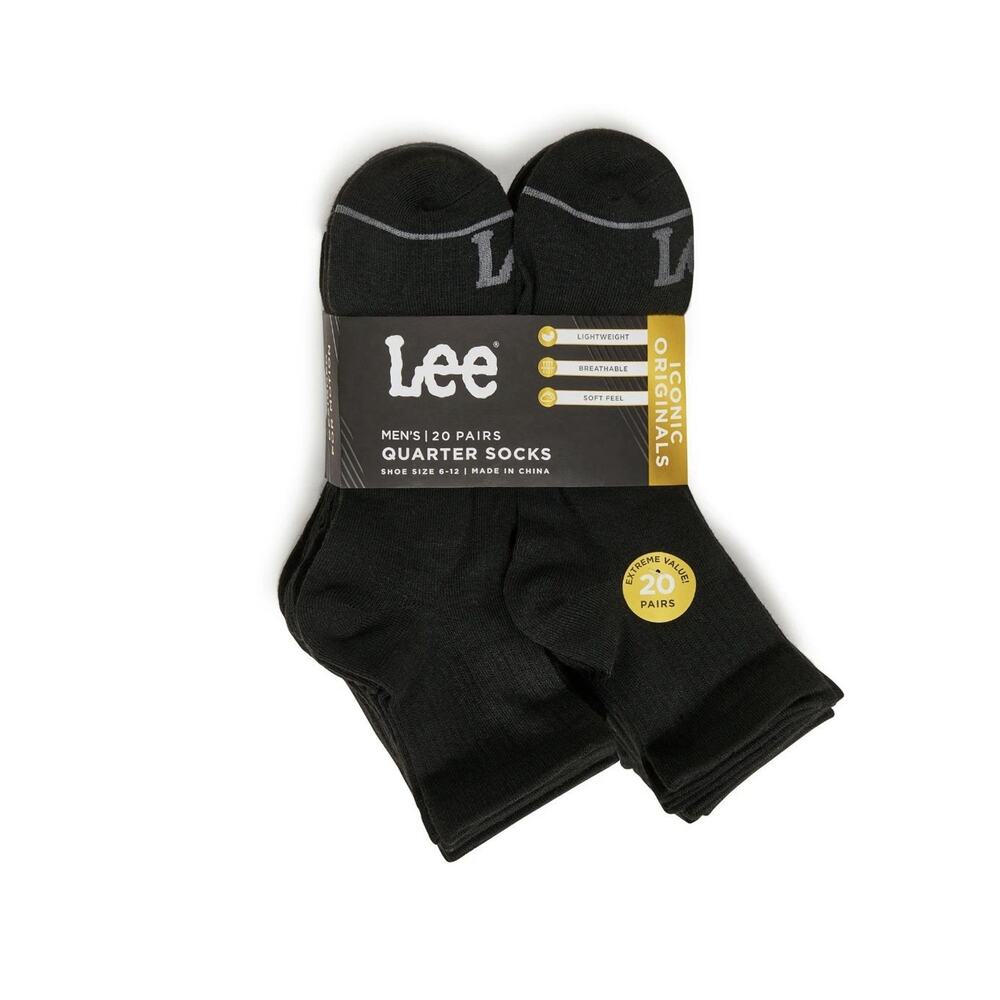 Lee Men's 20 Pairs No Show Socks Black Shoe Size 6-12 Polyester